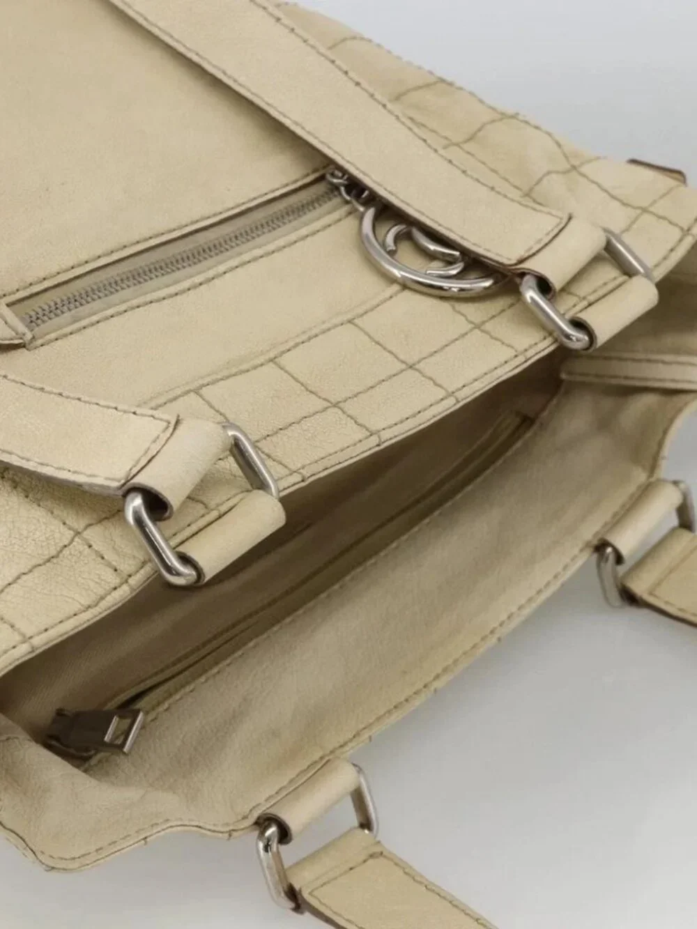 CHANEL Choco Bar Hand Bag Leather Ivory Silver CC Auth bs34277